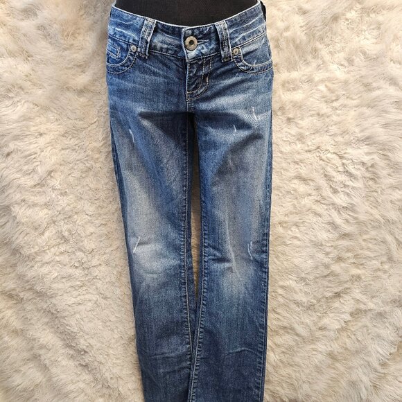 Guess Women's Blue Daredevil Boot Cut Stretch Distressed Embroidery Jeans 26 - Picture 1 of 13